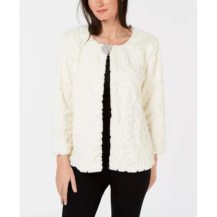 JM Collection Women's Sequined Faux Fur Broach Jacket White Size Large