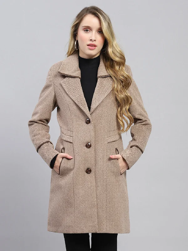 Women Brown Self Design Collar Full Sleeve Coat