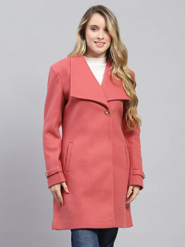 Women Pink Solid Collar Full Sleeve Coat