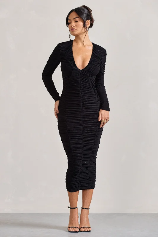 Elisabeth | Black V-Neck Long-Sleeved Midi Dress