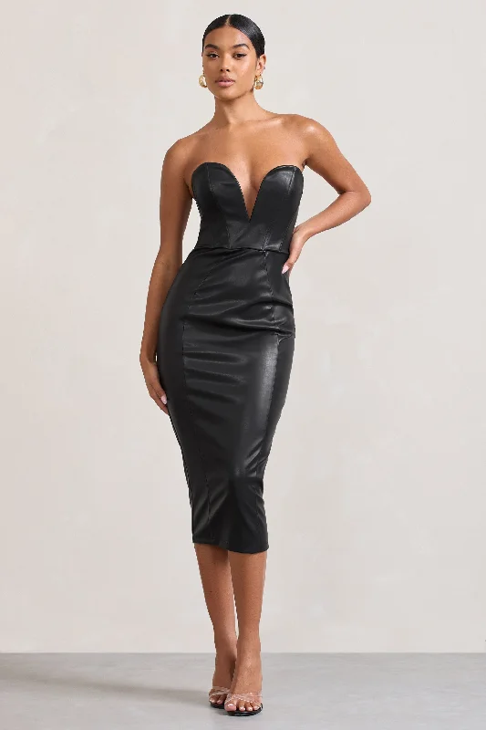 Hailey | Black Faux Leather Strapless Sweetheart Corset Midi Dress