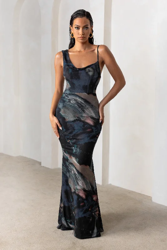 Phantasy | Black Abstract Print Asymmetric Neckline Cowl Maxi Dress