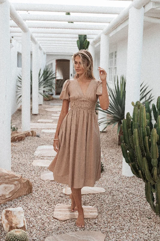 Ronnie Short Sleeve Midi Dress - Tan