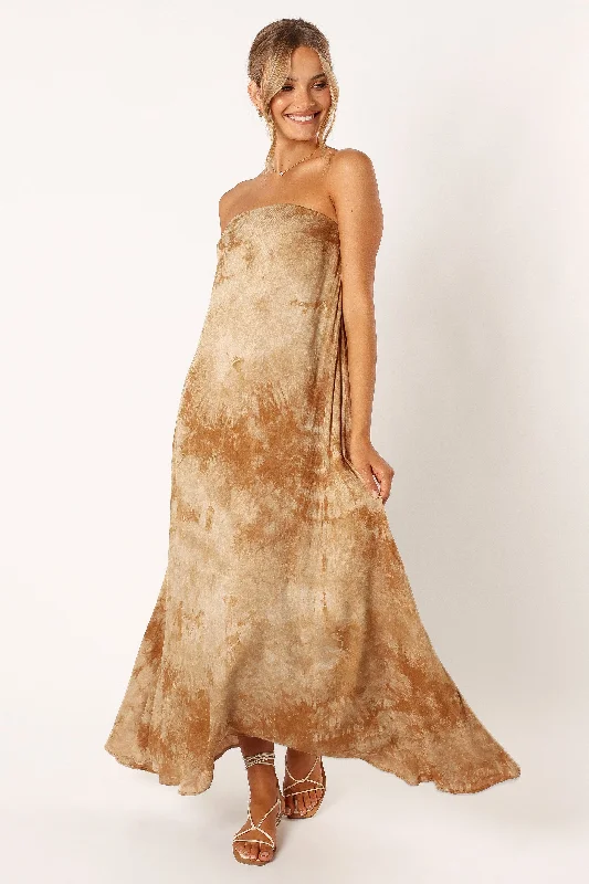 Soph Strapless Linen Maxi Dress - Tan Tie Dye