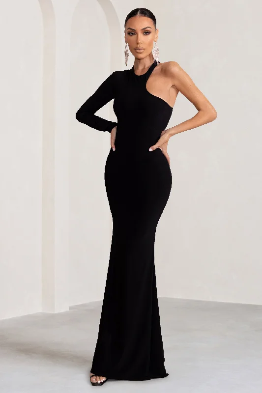 Tyra | Black Asymmetric Neck Cut Out Maxi Dress With Open Back Detail