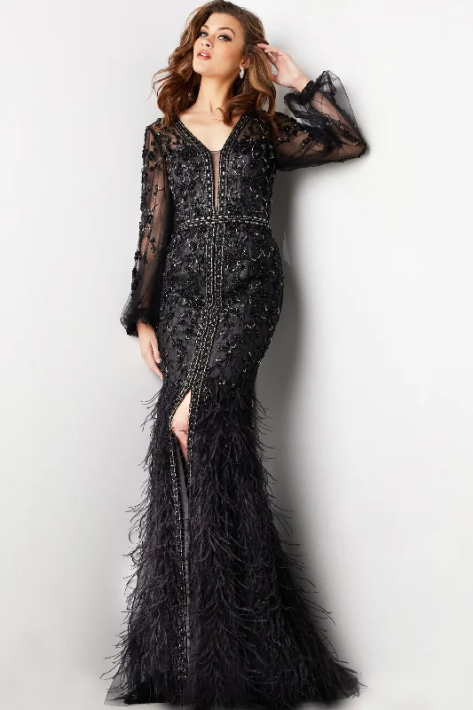 Jovani 37558 Long Beaded Mermaid Feather Evening Formal Dress