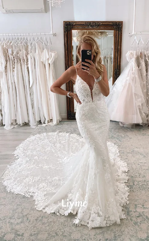 LW026 - Romantic Lace Wedding Dress Deep V neck Mermaid Wedding Gown