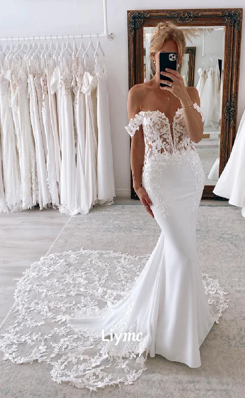 LW028 - Illusion Deep V neck Romantic Lace Appliques Mermaid Wedding Dress