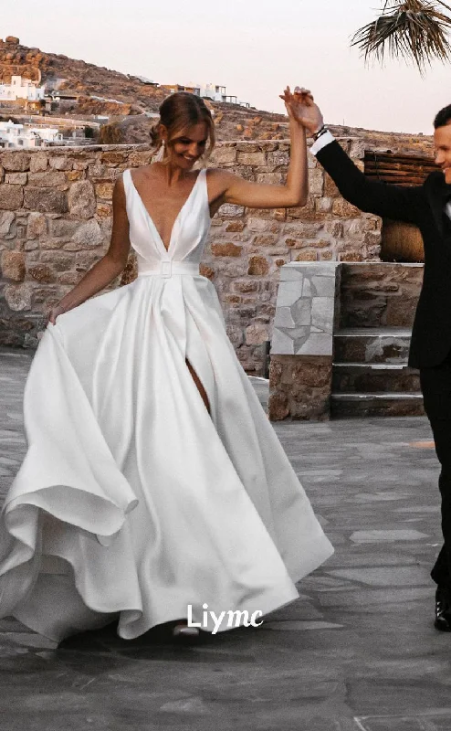 LW030 - A Line Deep V neck Satin Wedding Dress with Slit