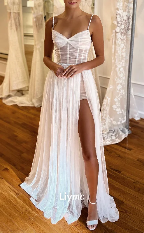 LW040 - A Line Spaghetti Straps Side Slit Boho Wedding Dress