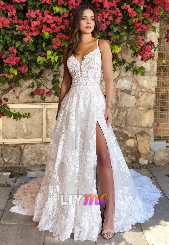 LW055 - A Line Spaghetti Straps Lace Side Slit Boho Long Wedding Dress