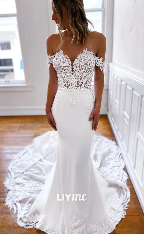 LW057 - Mermaid/Trumpet Off Shoulder Appliqued Lace Satin Long Wedding Dress