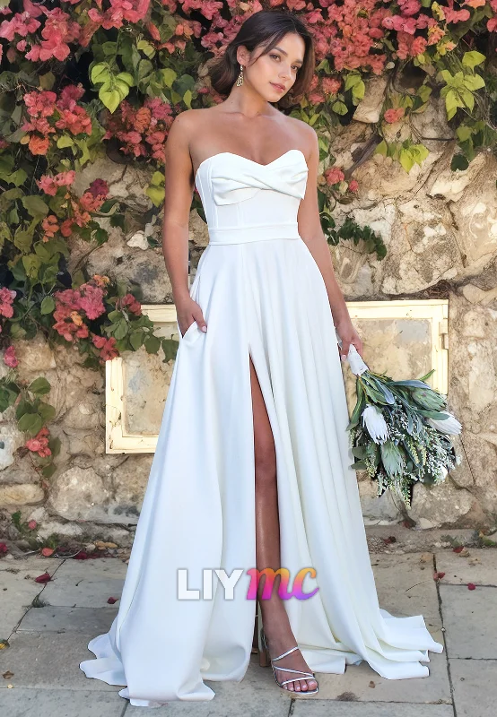 LW065 - Simple A Line Sweetheart Strapless Ruched Satin Long Wedding Dress