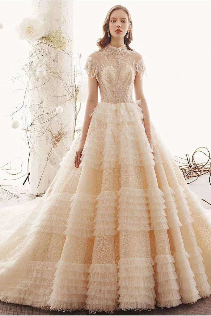 Elegant High Neck Ball Gown Wedding Dresses Short Sleeve Quinceanera Dresses