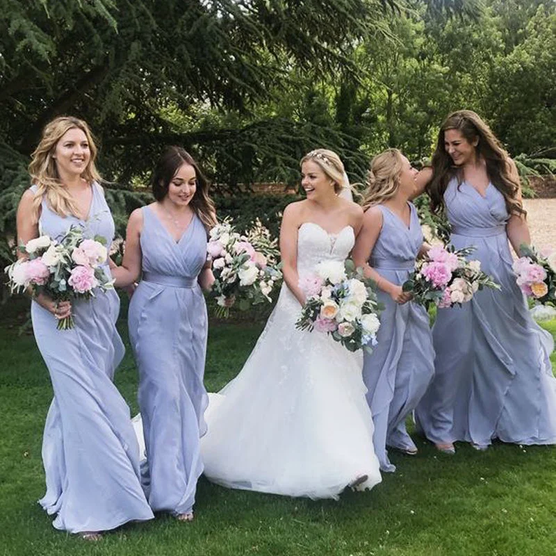 Elegant Greek Baby Blue Grey Blue V-neck Chiffon Long Bridesmaid Dress, BD3089