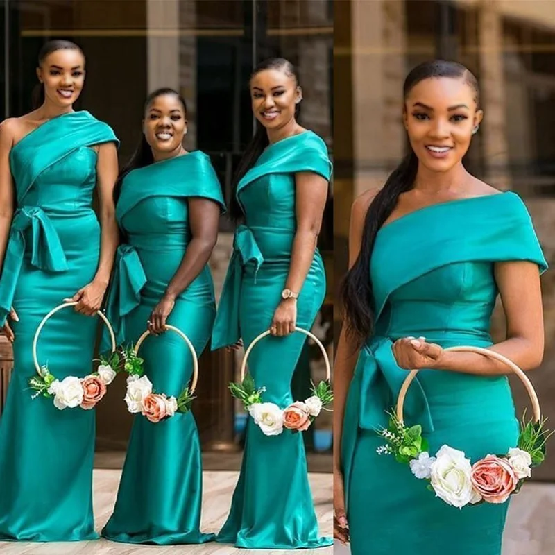 Turquoise Green One-shoulder Cap Sleeve Satin Long Bridesmaid Dresses, WG782