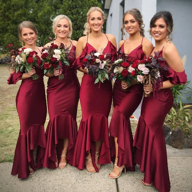 Smoothy Halter Burgundy Mermaid Asymetric Tea-length Bridesmaid Dress, BD3141