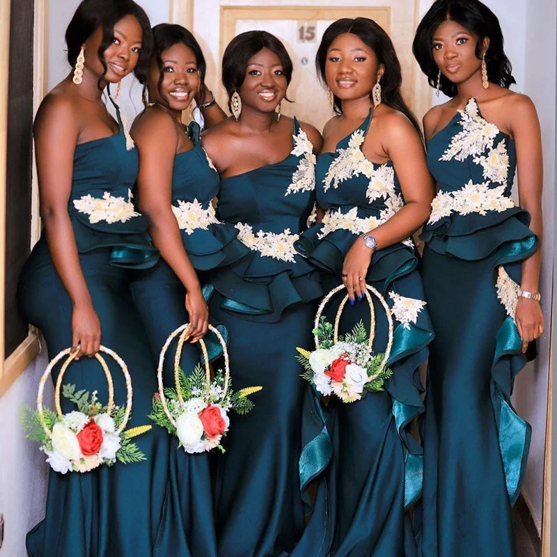 Teal Green Strapless Ruffle Ivory Appliques Mermaid Long Bridesmaid Dresses, BD3130